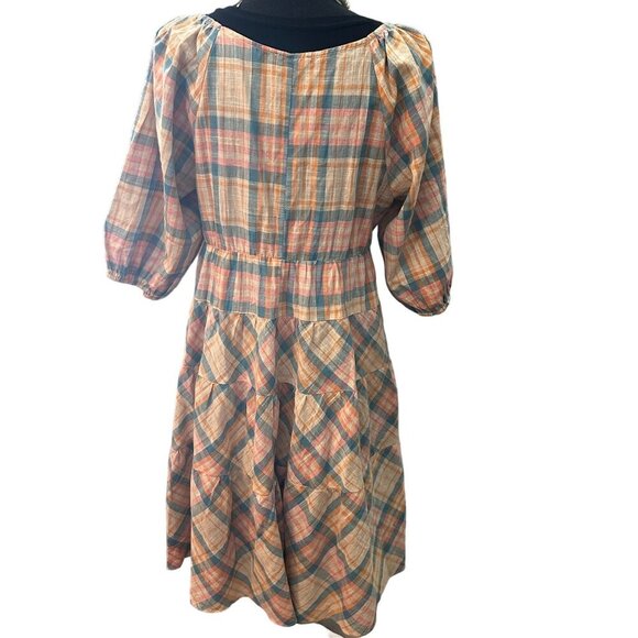 Drew Anthropologie Babydoll Dress Women Prairie Windowpane Plaid Cottagecore - Picture 4 of 16